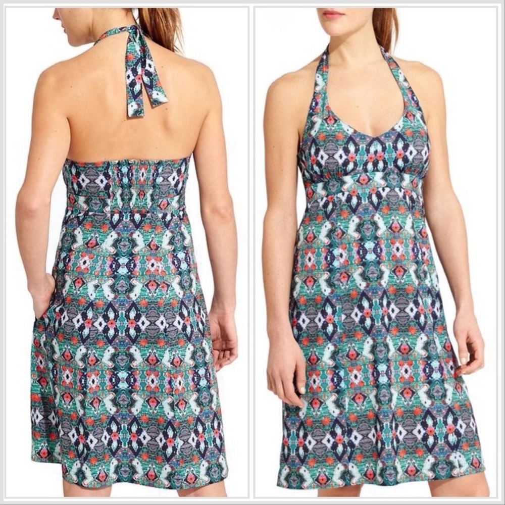 Athleta Printed Pack Everywhere Halter Dress Jade Print 8P Petite A-Line Empire‎